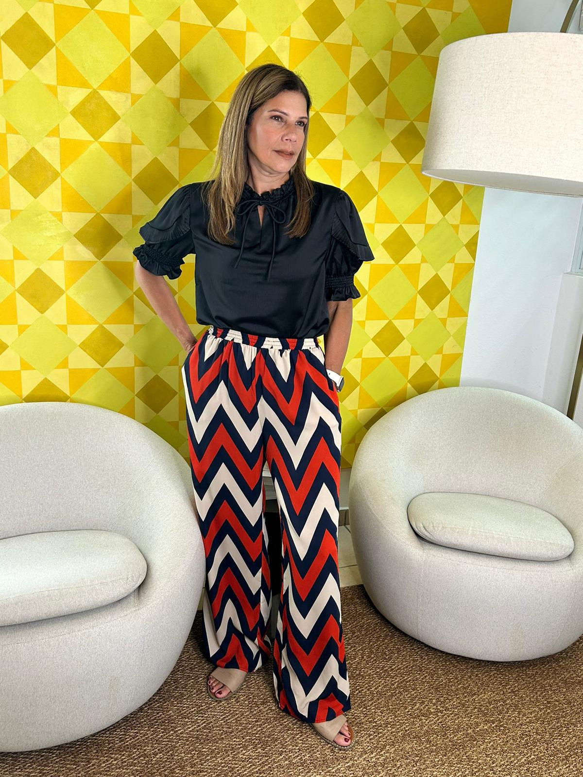 Zig Zag Print Wide Leg Pants